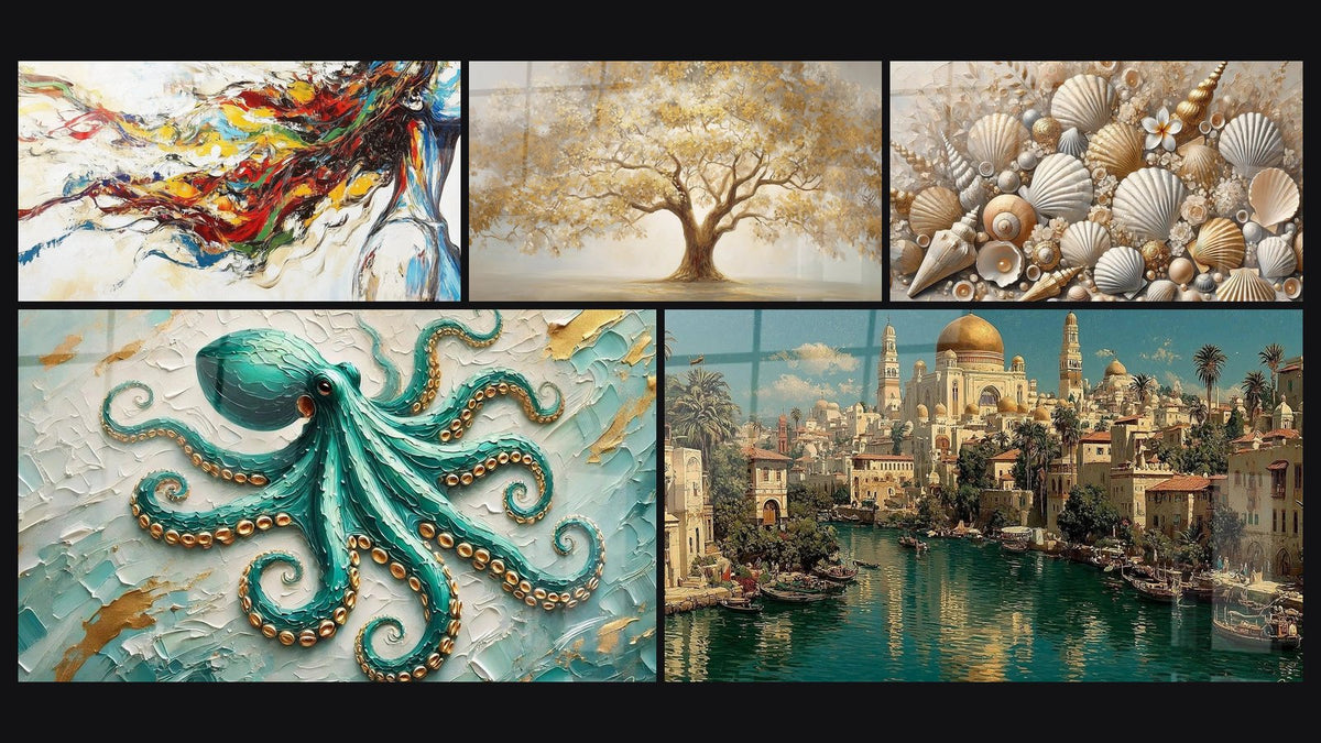Mosaïque de cinq tableaux, dont Muse Moderne, Émeraude des Abysses et Joyaux des Sables