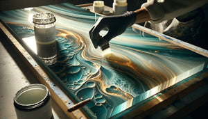 Application professionnelle de résine époxy transparente sur décoration murale contemporaine en phase de polymérisation avec reflets et pigments colorés