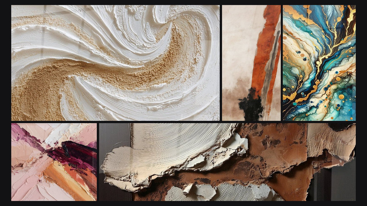 Mosaico de cinco cuadros, entre ellos Texturas abstractas tierra y blanco roto y Laberinto Mineral