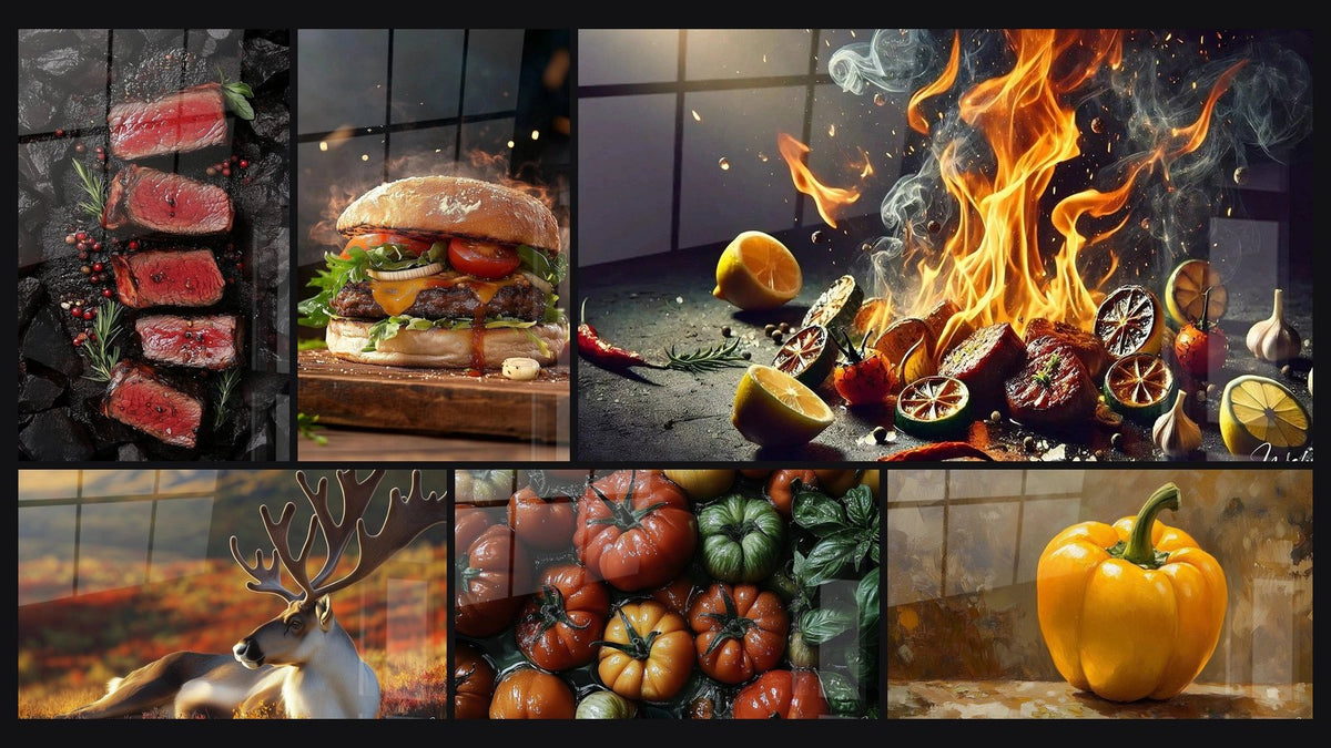 Mosaïque de six tableaux, dont Viande N°1, Burger N°1 et Arômes Enflammés