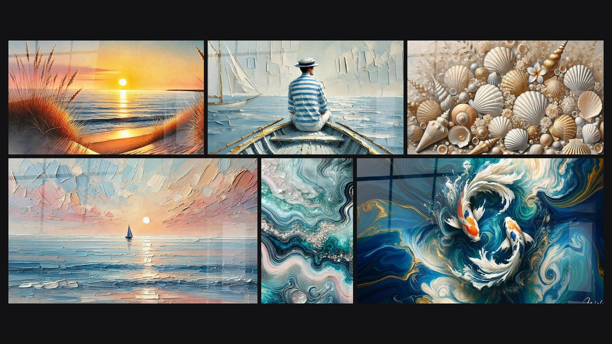 Mosaik aus sechs Gemälden, darunter Wenn der Tag einschläft, Reise in der Dämmerung und Die Kunst des Wassers