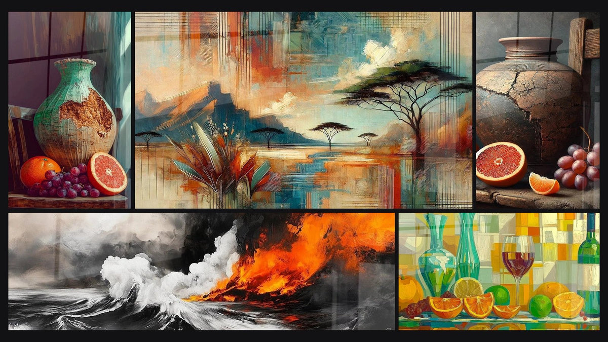 Mosaic of five paintings, including The Orange and Patina, Awakening of the Plains and Wild Ardent Unleashed