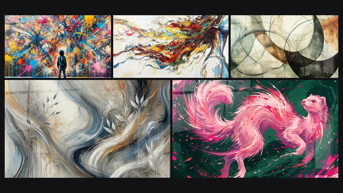 Mosaico di cinque quadri, tra cui Schizzi di Pittura, Sfumature Avvolgenti e Muse Moderna