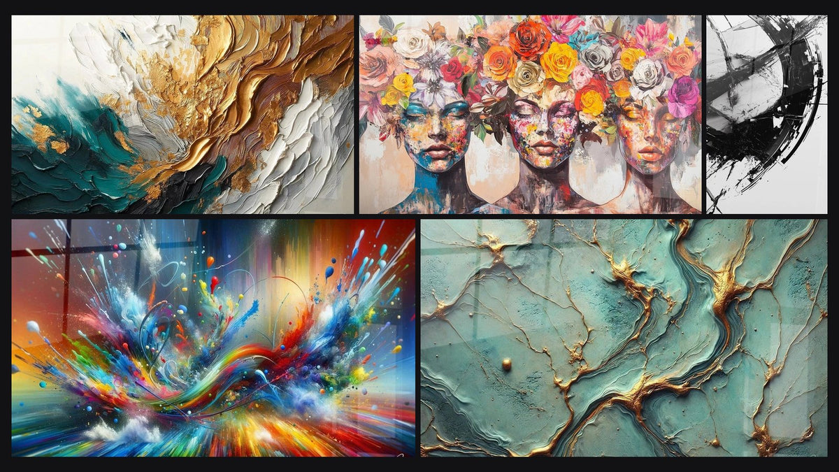 Mosaïque de cinq tableaux, dont Trace en Or et Jade, Big Bang Artistique Éclatant et Rivières d’Or
