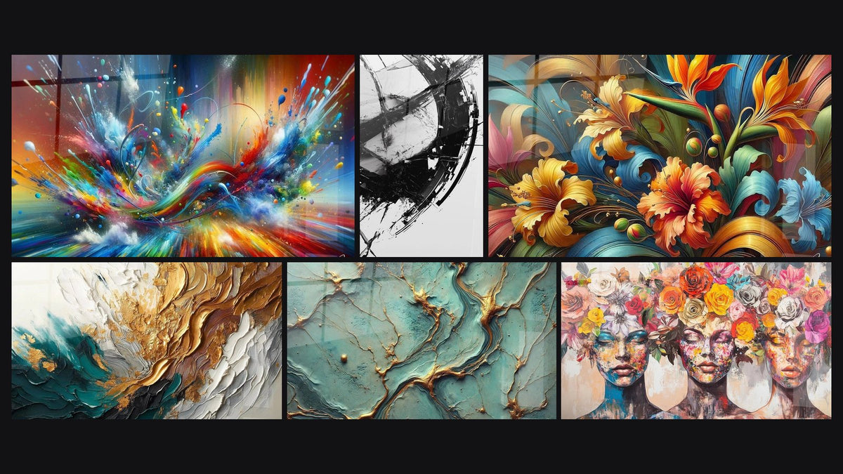 Mosaïque de six tableaux, dont Big Bang Artistique Éclatant, Trace en Or et Jade et Rivières d’Or