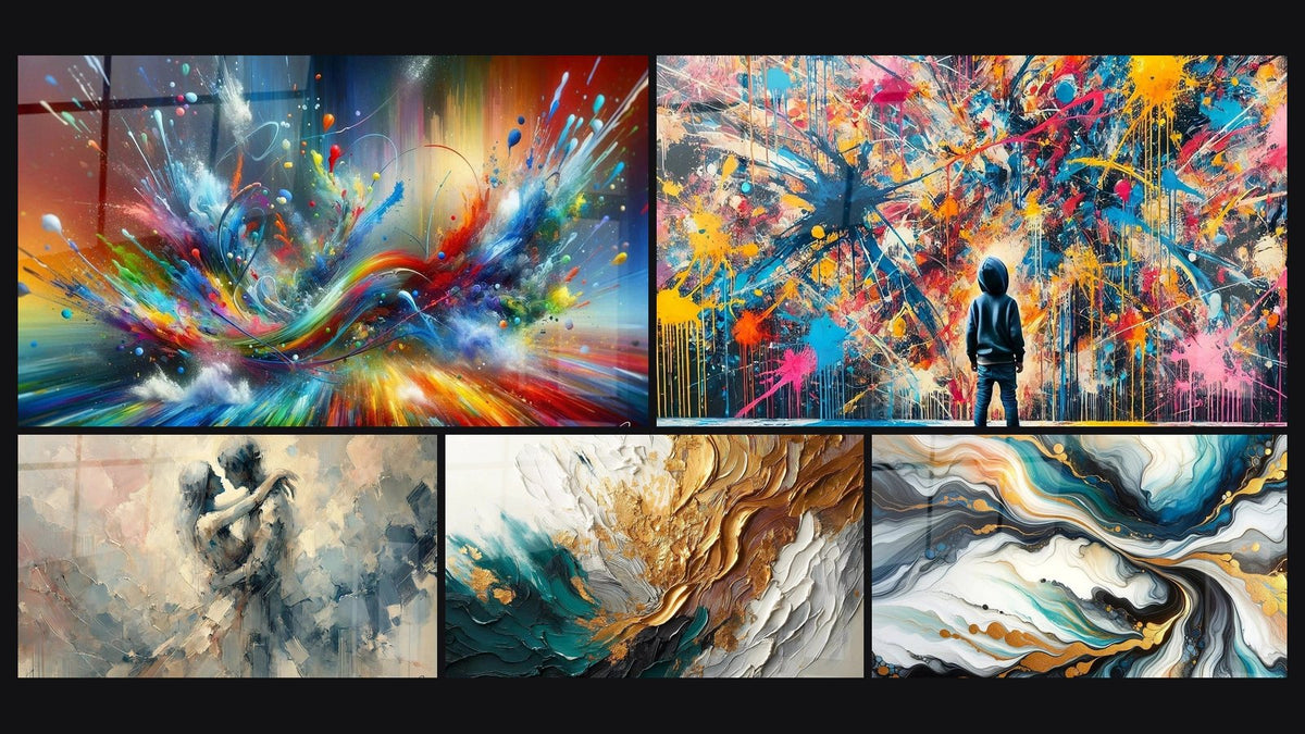 Mosaïque de cinq tableaux, dont Big Bang Artistique Éclatant, Éclats de Peinture et Entre Nous