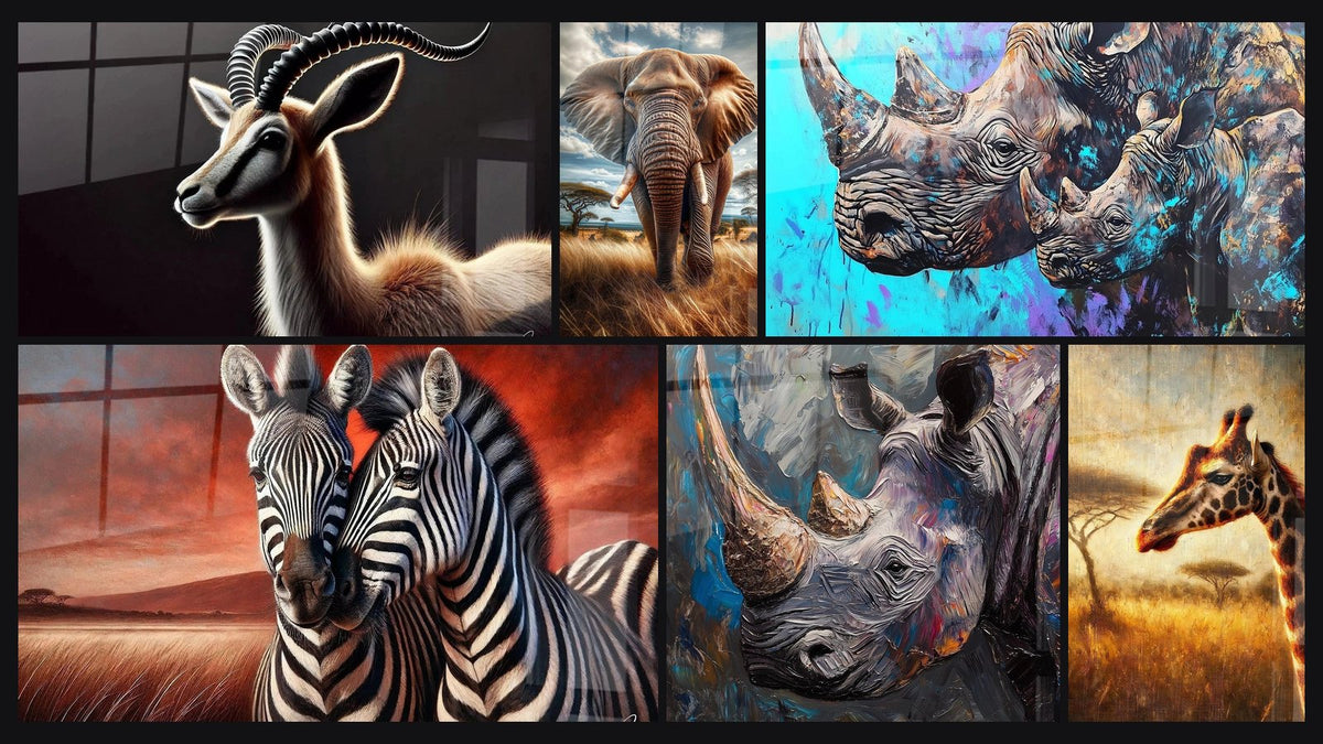 Mosaïque de six tableaux, dont Reine des Savanes, Colosse de la Savane Dorée et Amour en Savane