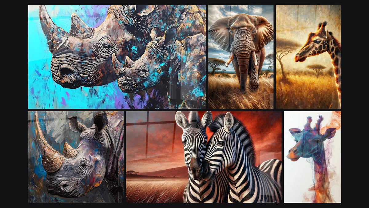 Mosaïque de six tableaux, dont Rhinocéros Échos de savane, Rhinocéros Coeur de savane et Amour en Savane