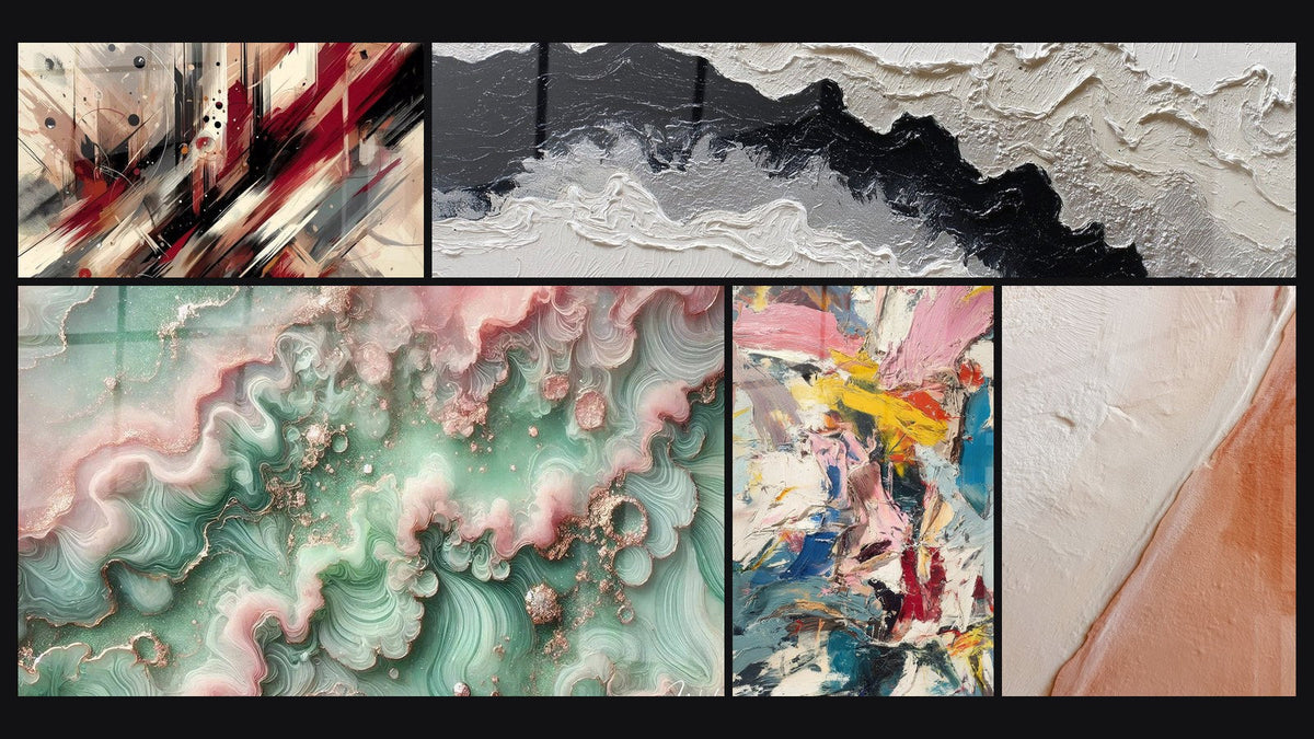 Mosaïque de cinq tableaux, dont Turbulence Artistique, Brume Émeraude et Explosion de couleurs