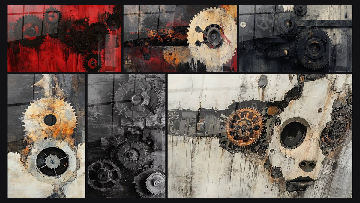 Mosaïque de six tableaux, dont Engrenages rouges, Engrenages rouillés et Engrenages industriels anciens