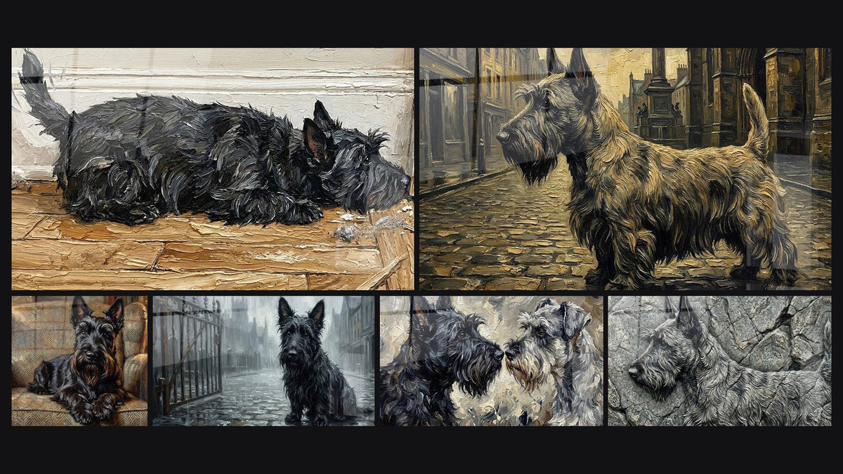 Mosaic of six paintings, including Black Sleeping Dog on Parquet and Black and Grey Dog in Library Armchair