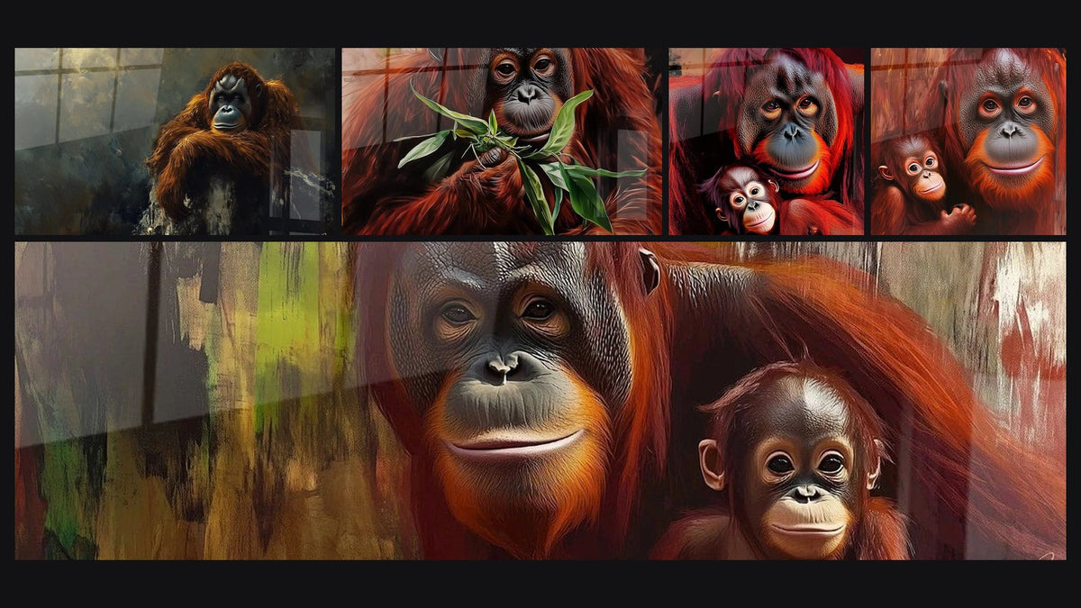 Mosaïque de cinq tableaux, dont Orang-outan N°2, Orang-outan Liens éternels et Orang-outan Esprit de canopée