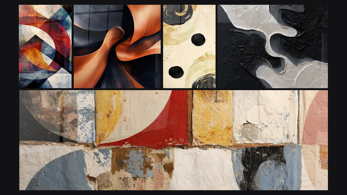 Mosaico de cinco cuadros, entre ellos Formas geométricas circulares y Impulso Escultural en Cobre
