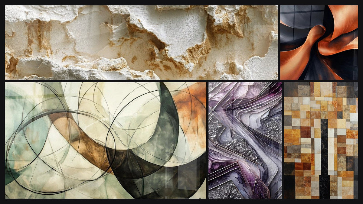 Mosaïque de cinq tableaux, dont Élan Sculptural Cuivré, Les Liens Invisibles et Lames de Quartz
