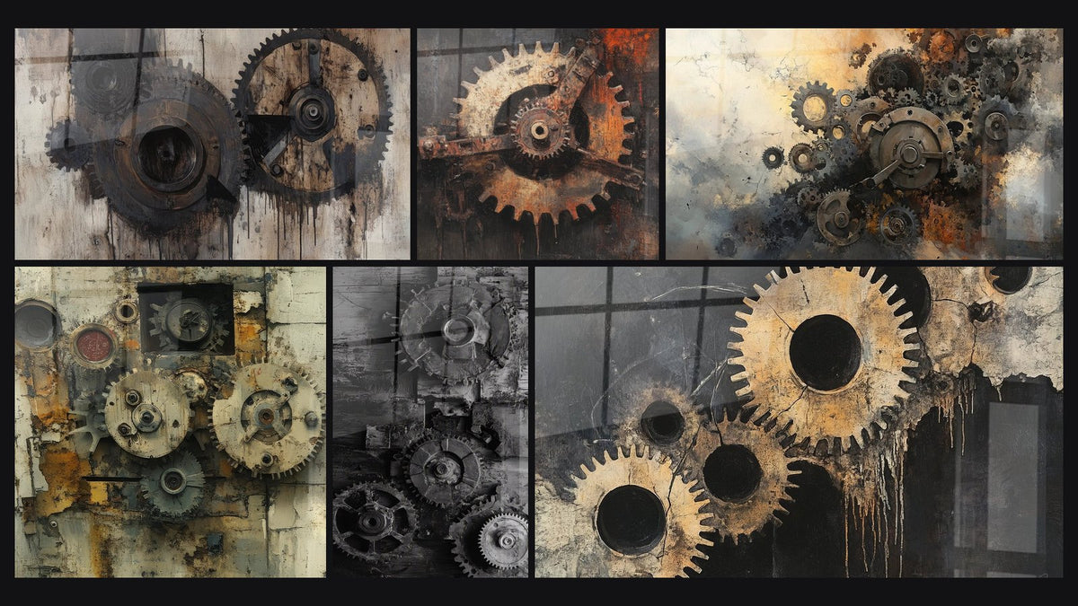 Mozaïek van zes schilderijen, waaronder Tandwielen industrieel, Roestige tandwielafbeelding en Industriële mechanismen