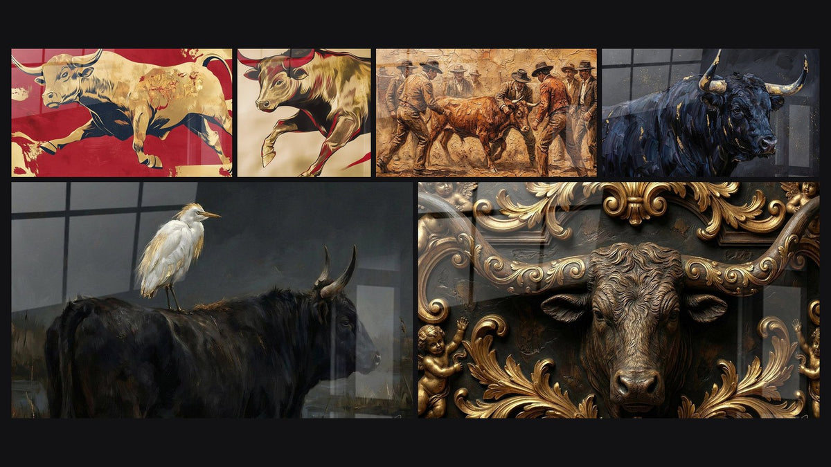 Mosaico de seis cuadros, entre ellos Toro Aliento de la Arena, Toro Calor ancestral y Toros de Camarga