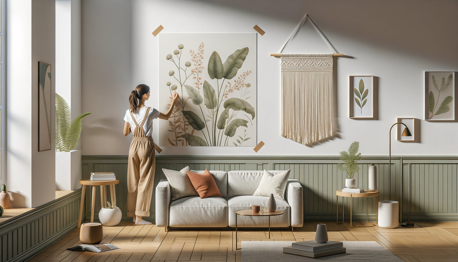 Décoration murale temporaire dans appartement Airbnb moderne avec papier peint repositionnable, tableaux et textiles suspendus