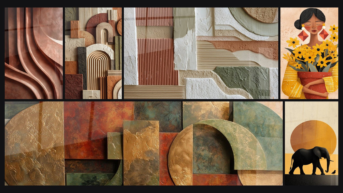 Mosaic of six paintings, including Sculpted Swirling Reliefs Ochre and Brown and Sculpted Arches Beige and Ochre