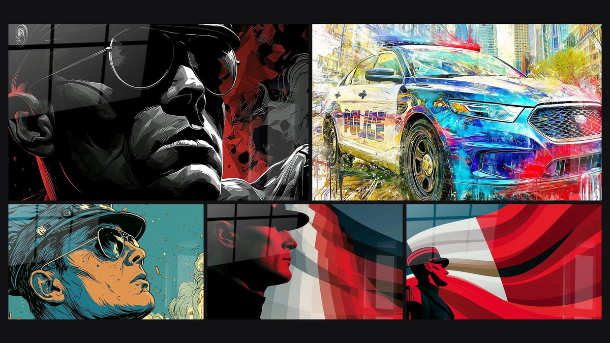 Mosaïque de cinq tableaux, dont Homme aux lunettes noires et rouges et Voiture de police bleue et blanche urbaine