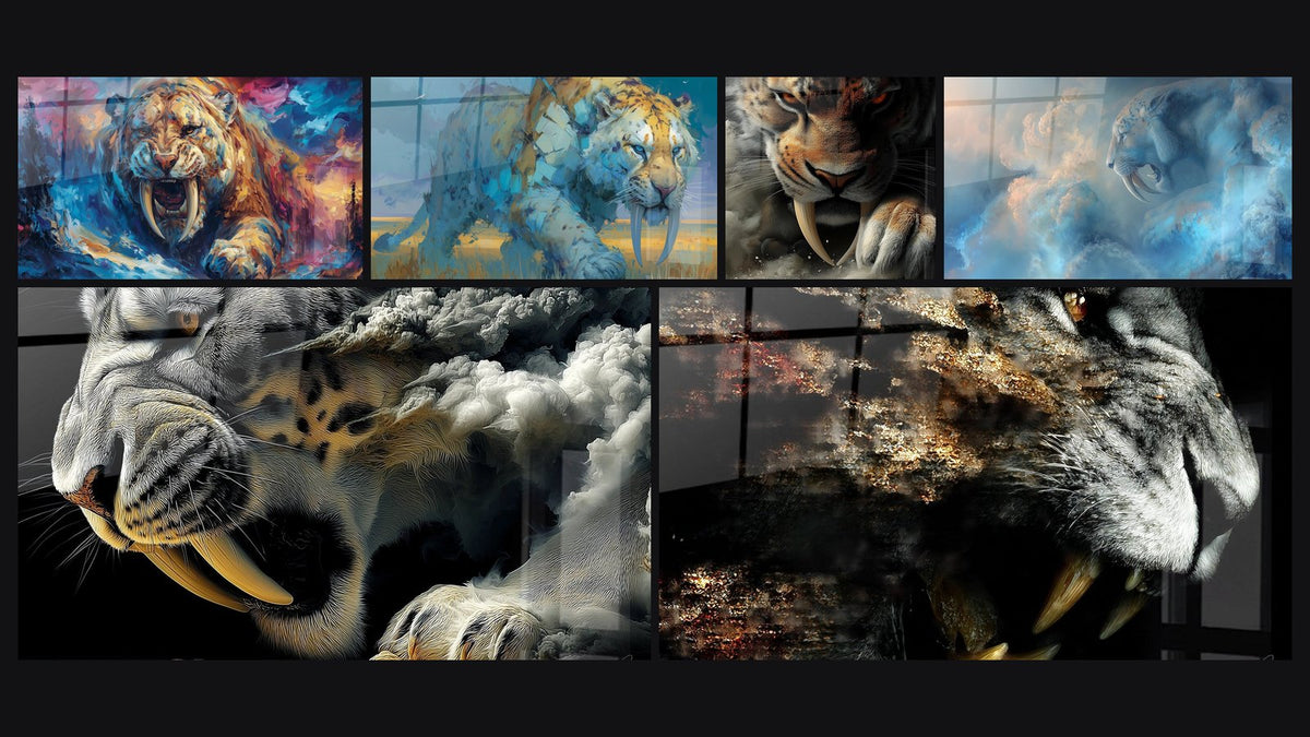 Mosaïque de six tableaux, dont Smilodon rugissant, Smilodon aux crocs saillants et Smilodon majestueux