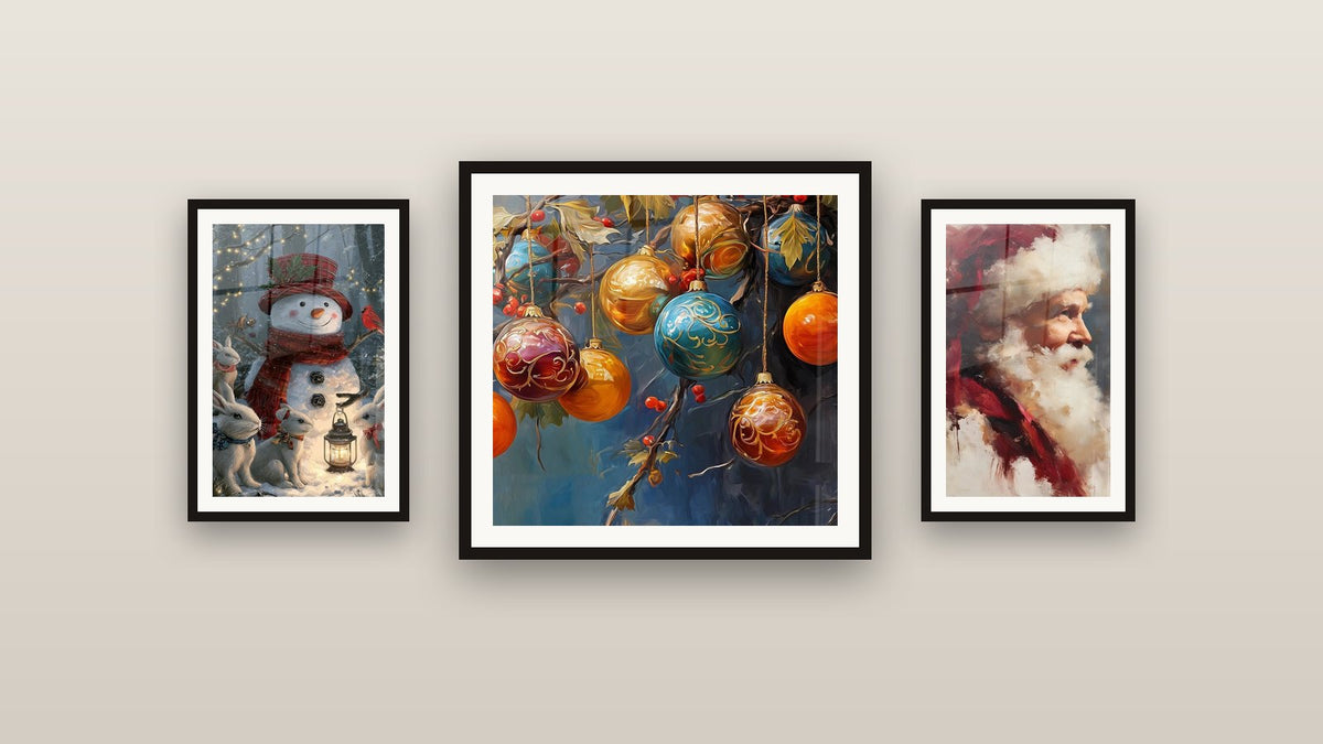 Gallery wall with three framed paintings, including Christmas Baubles Ritual Decoration