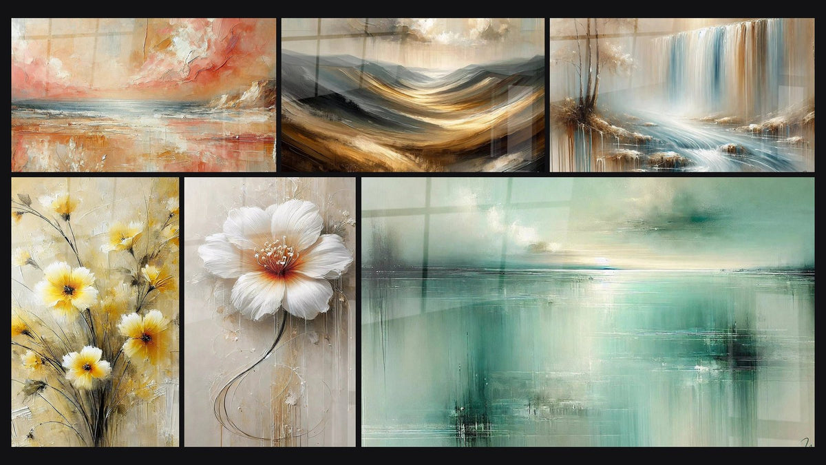 Mosaïque de six tableaux, dont Douceur d’Ambre, Effleurement Doré et Éloge du Vent