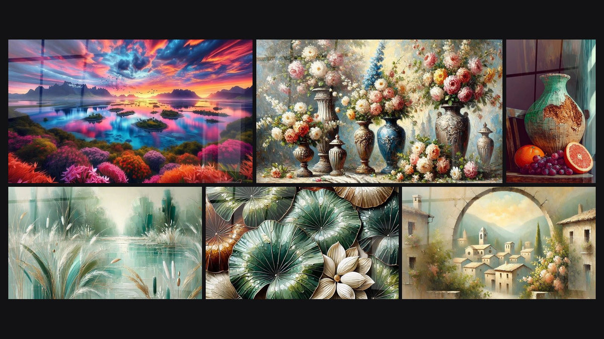 Mosaïque de six tableaux, dont Coucher de Soleil sur l'Archipel Floral, Décoration paysagère N°1 et Harmonie Florale