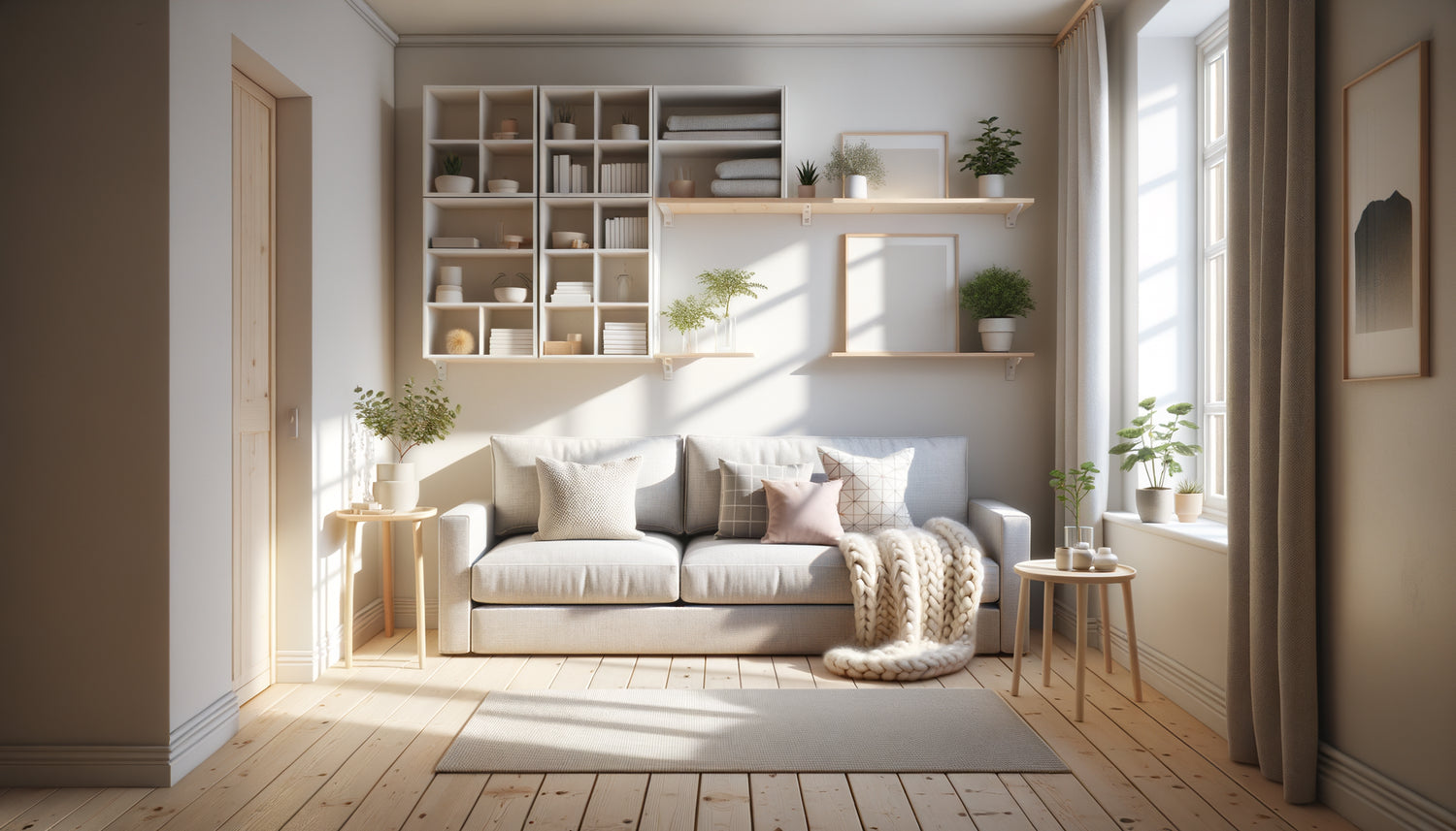 Intérieur scandinave minimaliste et chaleureux d'un petit Airbnb avec tons clairs, bois naturel et textiles douillets