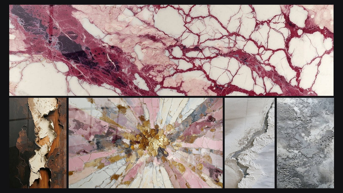 Mosaïque de cinq tableaux, dont Veines pourpres et crème sur fond écru