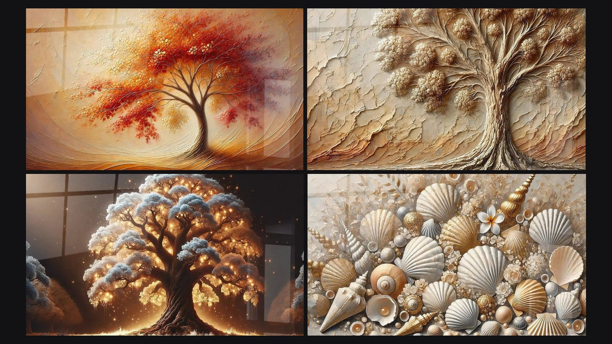 Mosaico di quattro quadri, tra cui Danza delle Stagioni, Albero della Notte e Albero di Antan