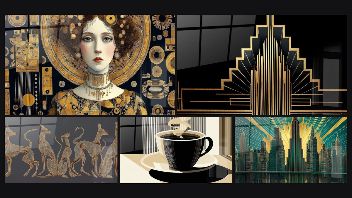 Mosaic of five paintings, including Woman Wall Art Art Deco, Deco Architecture and Stylized Dogs