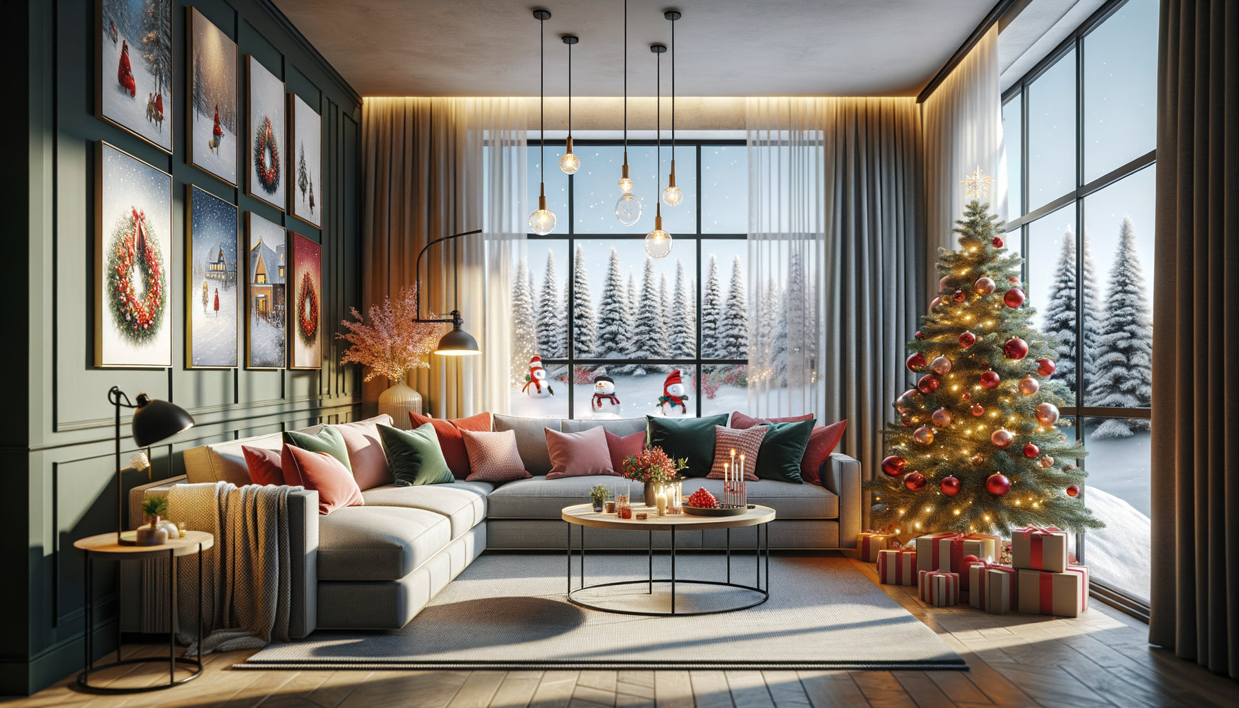 Salon contemporain décoré avec plusieurs tableaux de Noël aux motifs festifs, ambiance chaleureuse et accessible