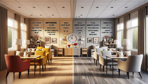 Comparaison visuelle entre chambre de résidence senior à décoration thérapeutique et chambre à décoration purement esthétique