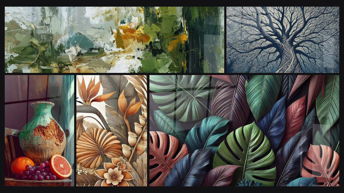 Mosaïque de cinq tableaux, dont Abstrait aux nuances vertes et dorées, L'Orange et la Patine et Élégance Arborée