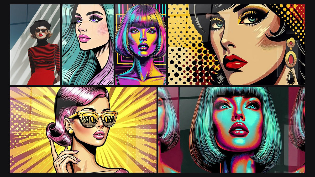 Mosaico de seis cuadros, entre ellos Parisina con boina a rayas rojo y negro, Dulzor Pastel y Glam Retro