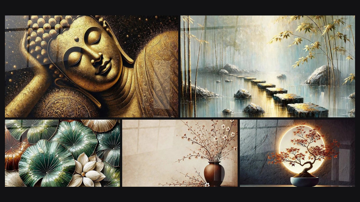 Mosaïque de cinq tableaux, dont Le Repos du Sage, Le Chemin Doré et Jardin des Reflets