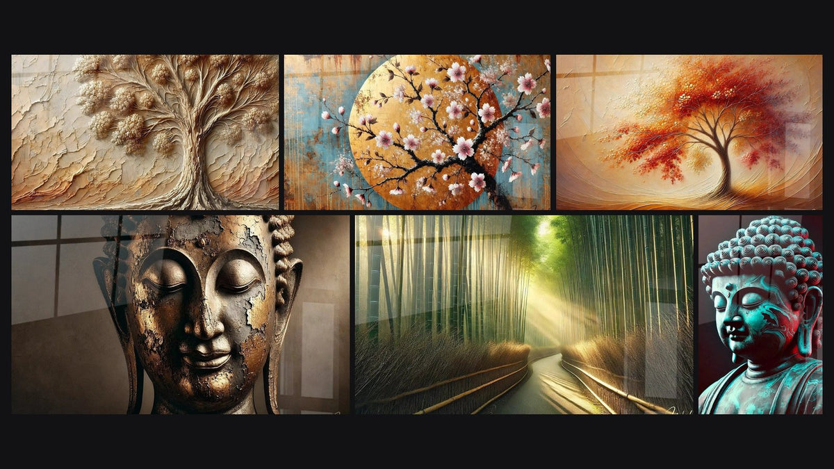 Mosaïque de six tableaux, dont Arbre d'Antan, Éclat de Sagesse et Allée Zen