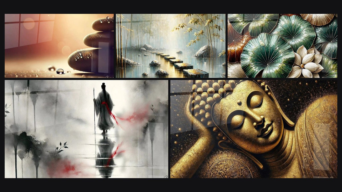 Mosaic of five paintings, including Morning Silence, The Path of Awakening and The Sage's Rest