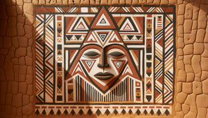 Décoration murale traditionnelle mossi avec représentations géométriques de masques wan, pigments naturels sur façade en terre