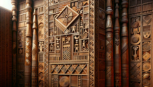 Décorations murales sculptées sophistiquées d'un grenier à palabres bamiléké traditionnel avec motifs géométriques ancestraux symboliques