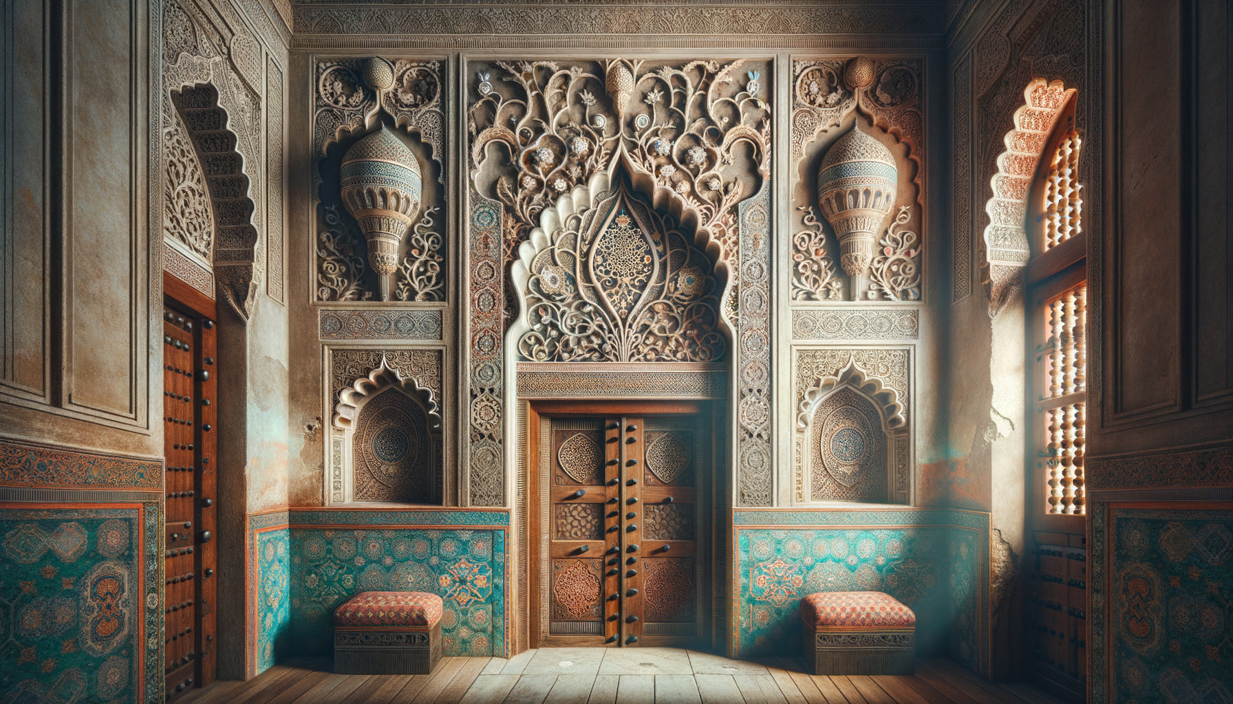 Décoration murale ornementale d'un palais zanzibarite du 19ème siècle montrant la fusion des influences persanes, indiennes et swahilies