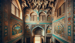 Décoration murale palatiale de Zanzibar mêlant motifs persans safavides et artisanat swahili, carreaux bleus et dorés