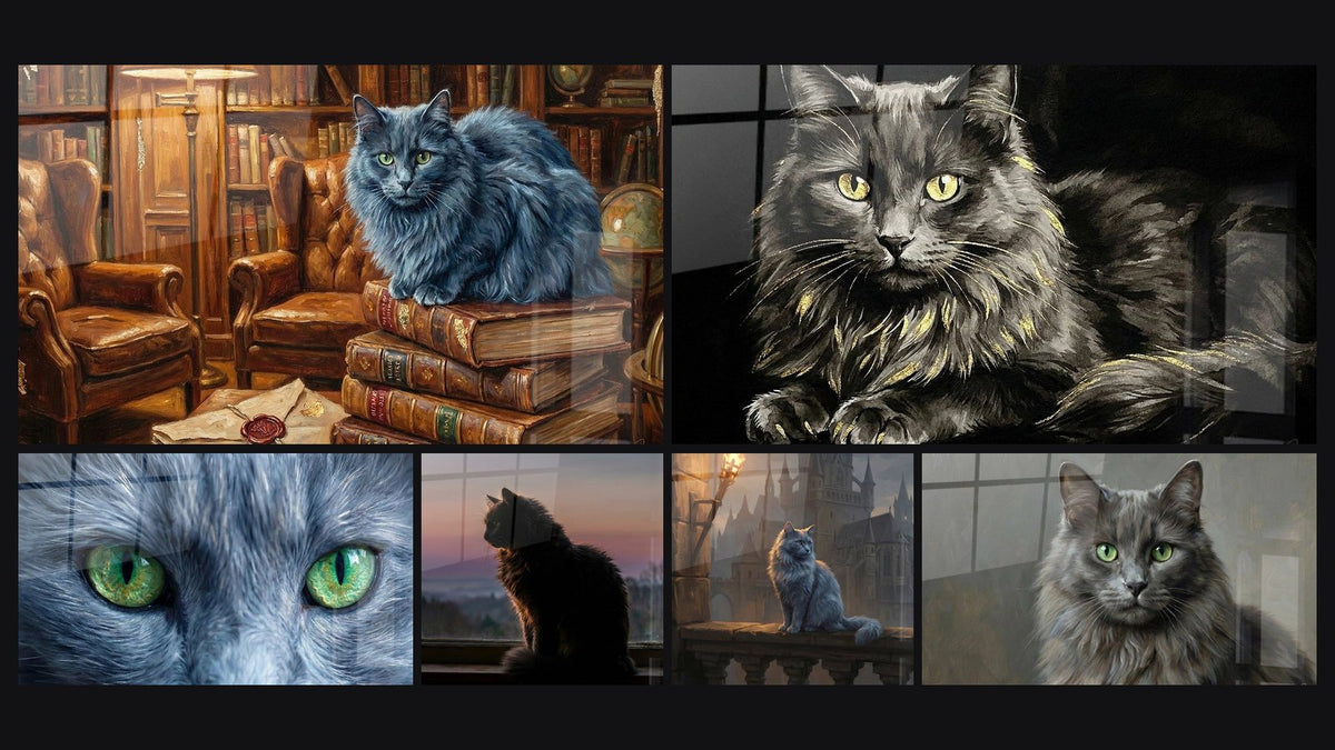 Mosaik aus sechs Gemälden, darunter Nebelung Katze in der Bibliothek und Hypnotischer Blick Nebelung Katze