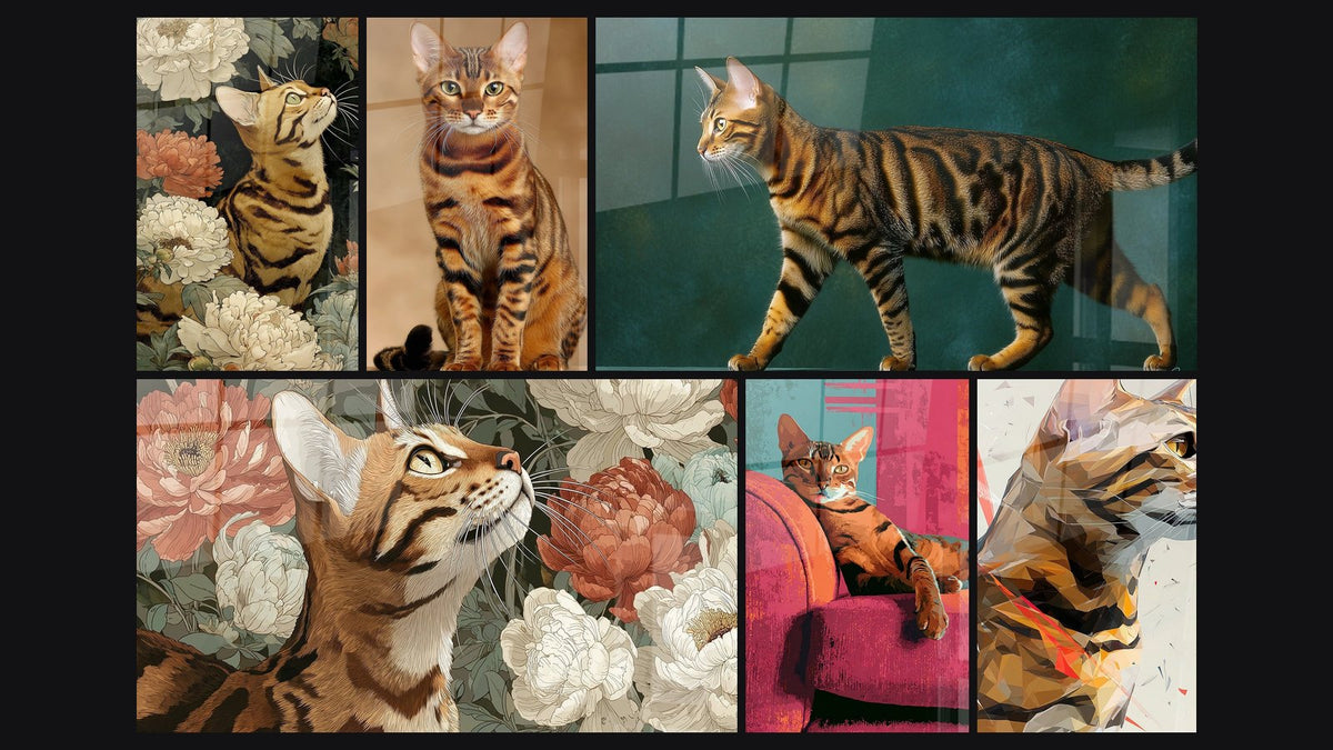 Μωσαϊκό από έξι πίνακες, ανάμεσά τους Γάτας Toyger σε Κήπο με Παιώνες, Γάτας Toyger Καθισμένη και Γάτας Toyger σε Κίνηση