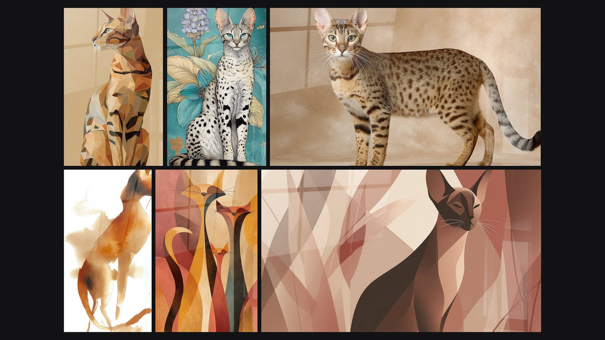 Mosaik aus sechs Gemälden, darunter Serengeti-Katze Aquarell-Bild und Katzentafel Serengeti-Profil