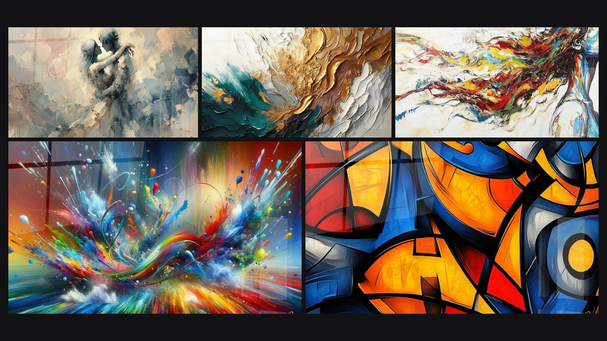 Mosaïque de cinq tableaux, dont Entre Nous, Trace en Or et Jade et Big Bang Artistique Éclatant