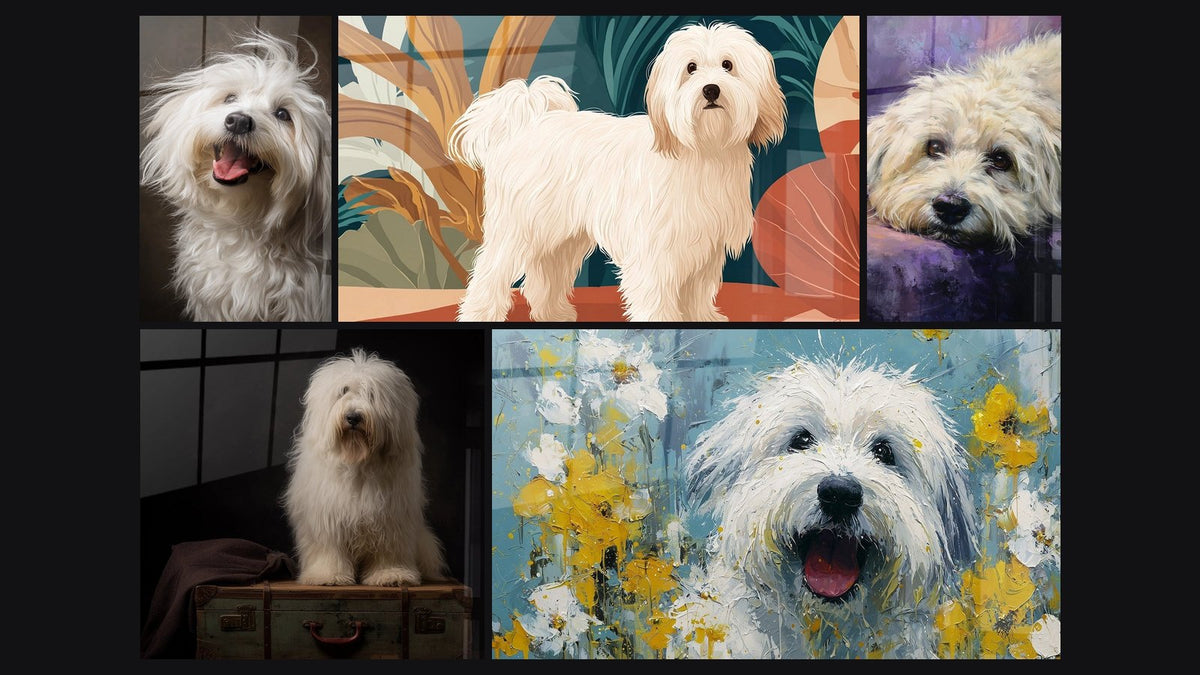 Mosaico di cinque quadri, tra cui Cane Bianco Pelo Setoso su Valigia Antica e Cane Coton di Tuléar nei Toni Viola