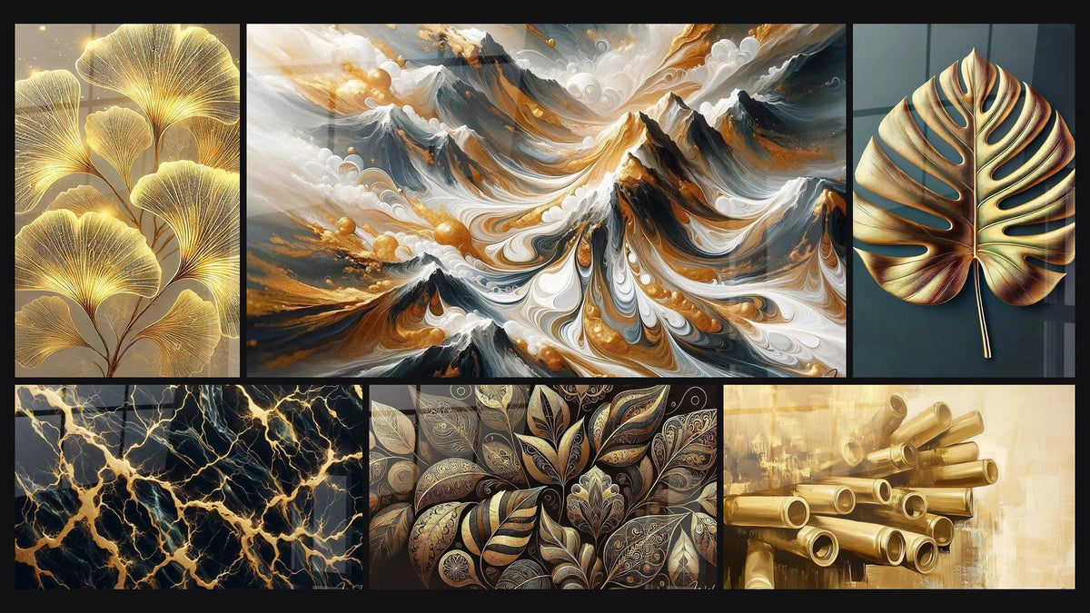 Mosaïque de six tableaux, dont Brillance Naturelle, Circuits Précieux et Crêtes Dorées