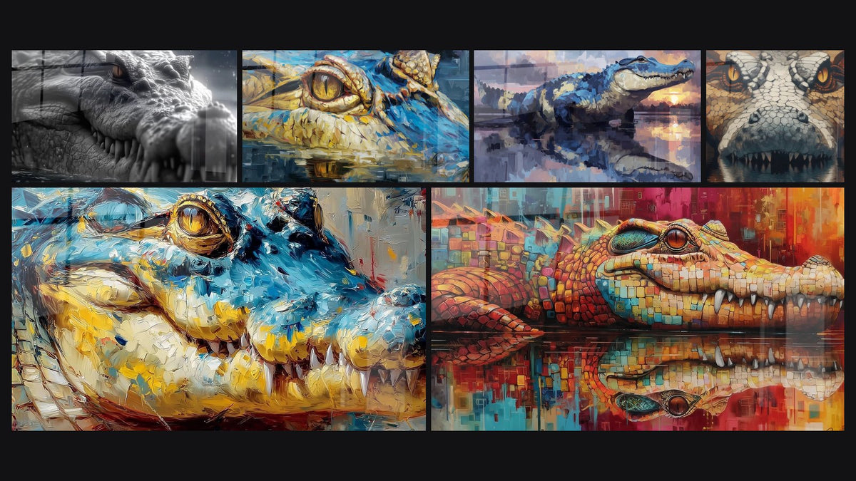 Mosaïque de six tableaux, dont Crocodile Préhistorique, Crocodile Expressionniste et Crocodile dans l'eau