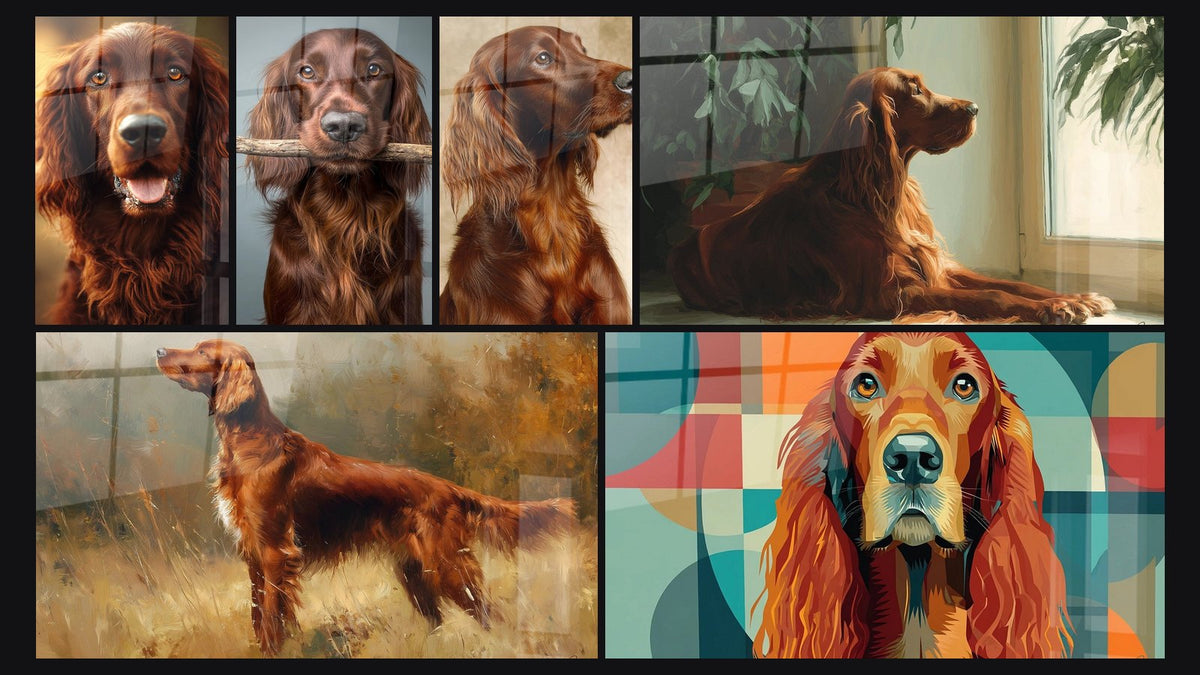 Mosaïque de six tableaux, dont Chien Roux aux Yeux Dorés avec Bâton